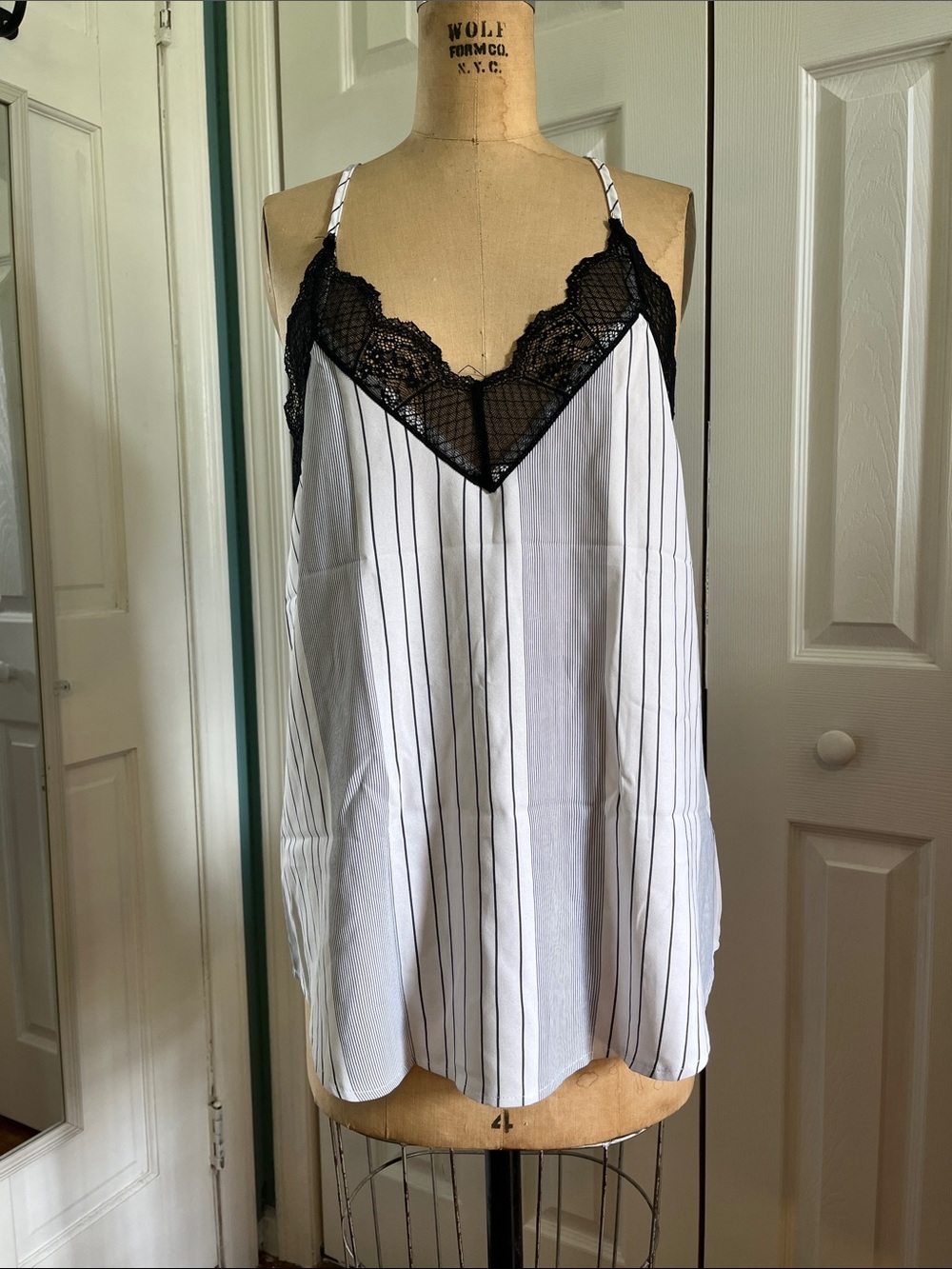 Lace Trim Pinstripe Satin Chemise - White & Black